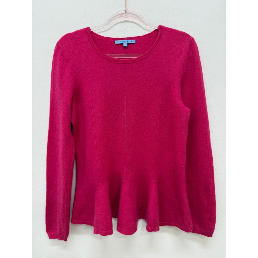 Antonio Melani Sweater Large Pink 100% Cashmere Peplum Hem Crew Neck Long Sleeve